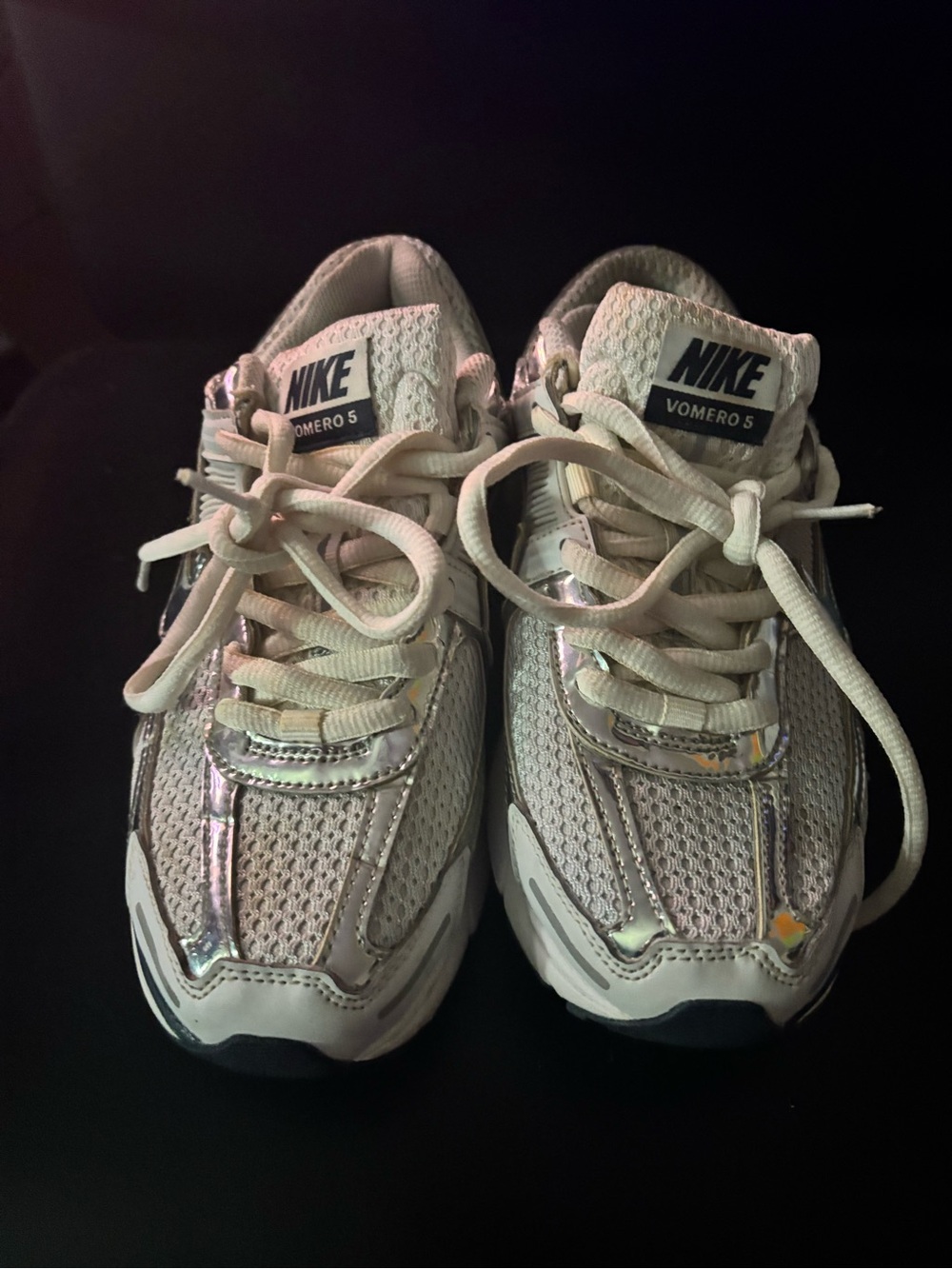 Nike Womans Vomero 5 White with Silver Accents Sneakers